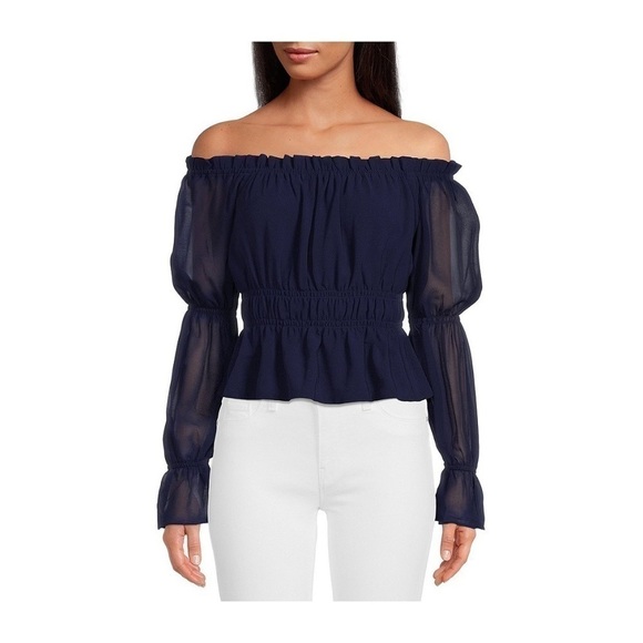 NWT WAYF Off-the-Shoulder Long Ruffle Blouson Sleeve Peplum Top - Picture 1 of 6